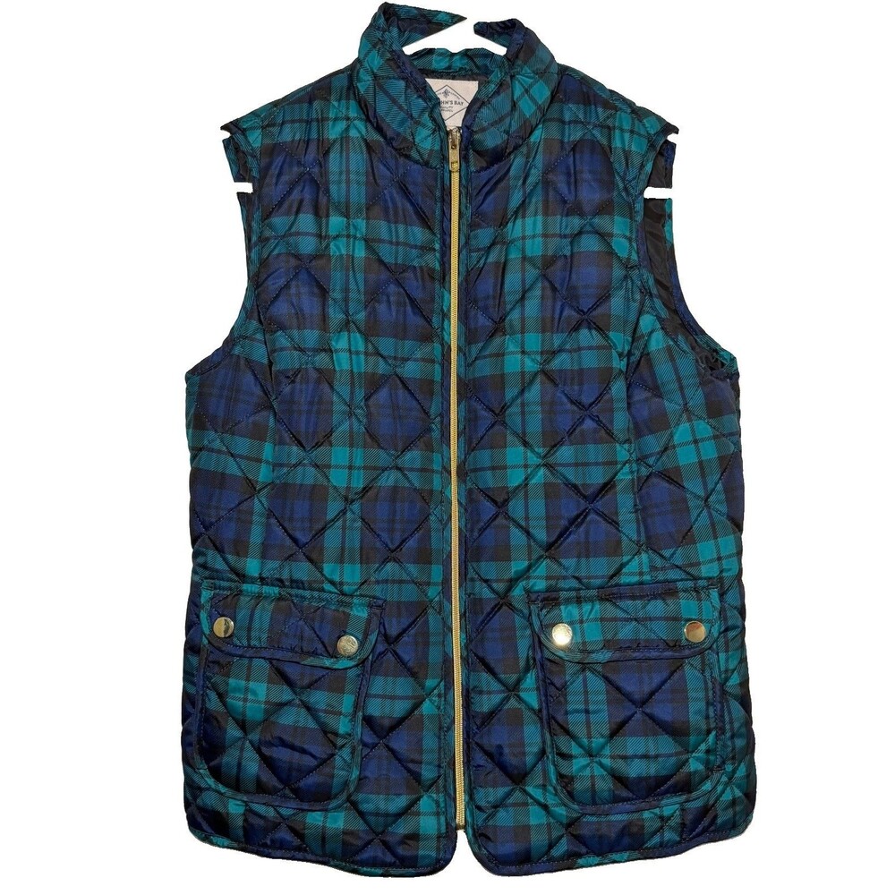 St. John’s Bay Blackwatch Plaid Quilted Vest Women’s M Full Zip Puffer Pockets